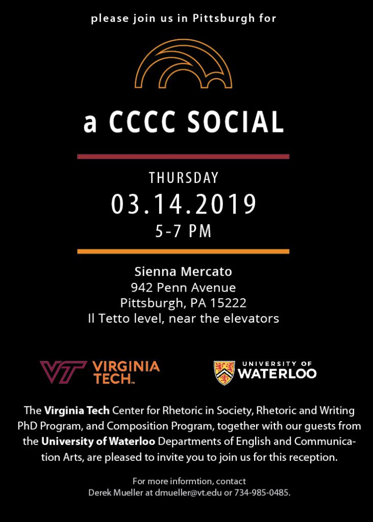 Invitation to a CCCC Social on March 14, 2019, 5-7 p.m., Sienna Mercato, 942 Penn Avenue, Pittsburgh, PA 15222.