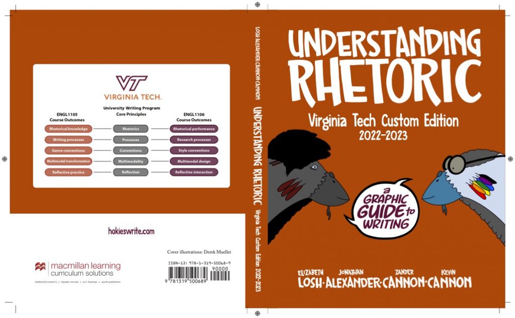 Book cover for Understanding Rhetoric, Virginia Tech Custom Edition for 2022-2023. Two cartoon hokie birds face one another with a mutual word bubble containing the words, a graphic guide to writing.